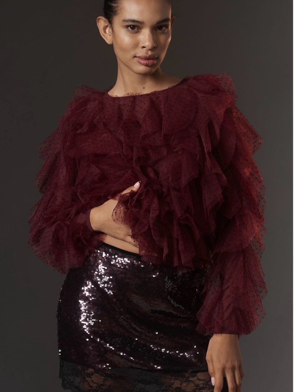 dolan Burgundy Ruffled Tulle Blouse